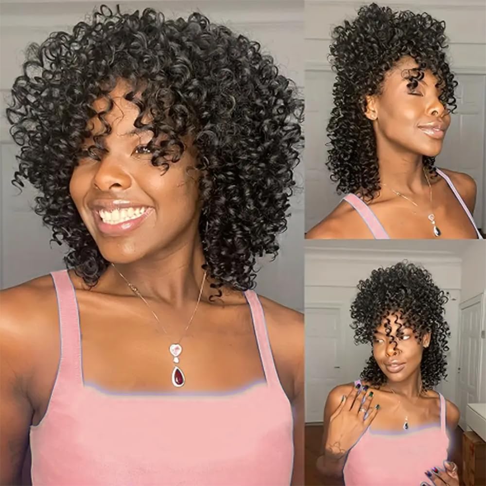 Afro Kinky Curly Wig Human Hair with Bangs Jerry Curly Human Hair Wig Burmese Curly Afro Kinky-Curly Human Hair Glueless Wear and Go for Black Women 12“