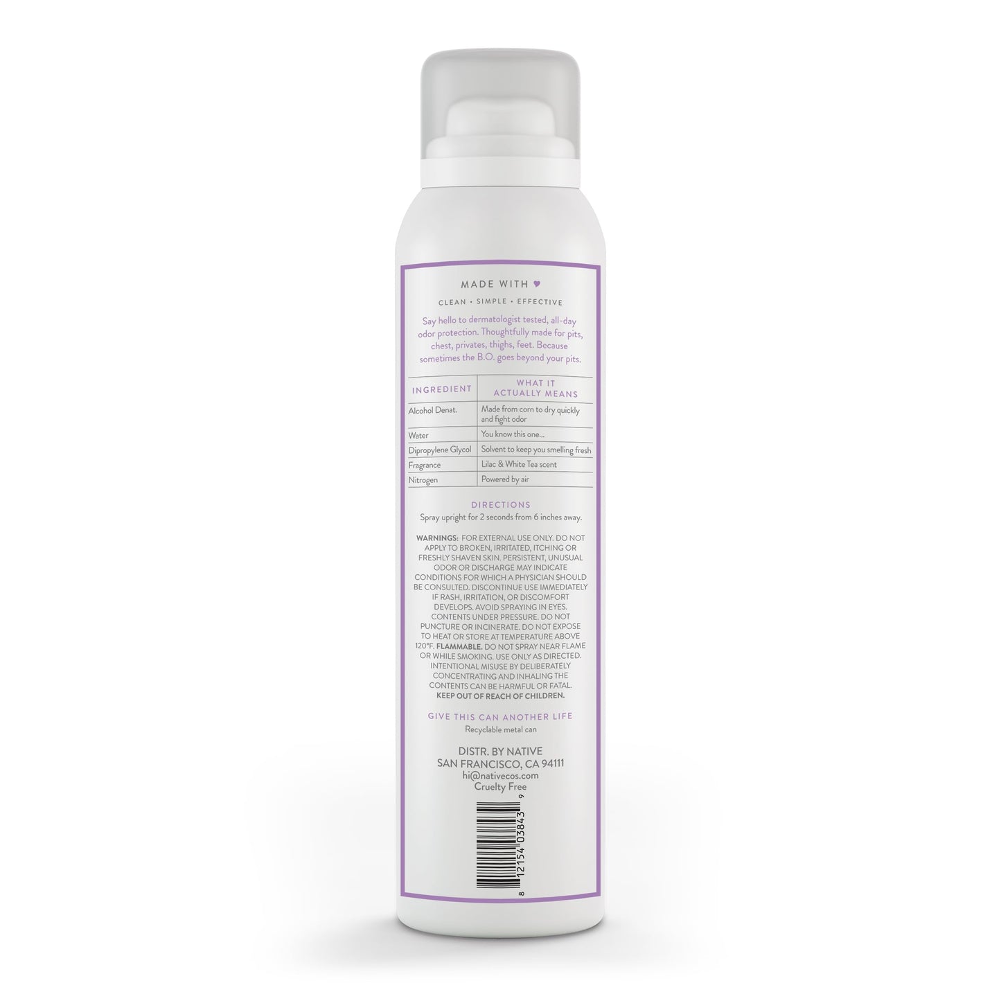 Native Whole Body Deodorant Spray, Lilac & White Tea Scent, 72 Hour Odor Control for Pits, Privates & More, Aluminum Free, Quick-Drying Deodorant for Men & Women, 3.5 oz