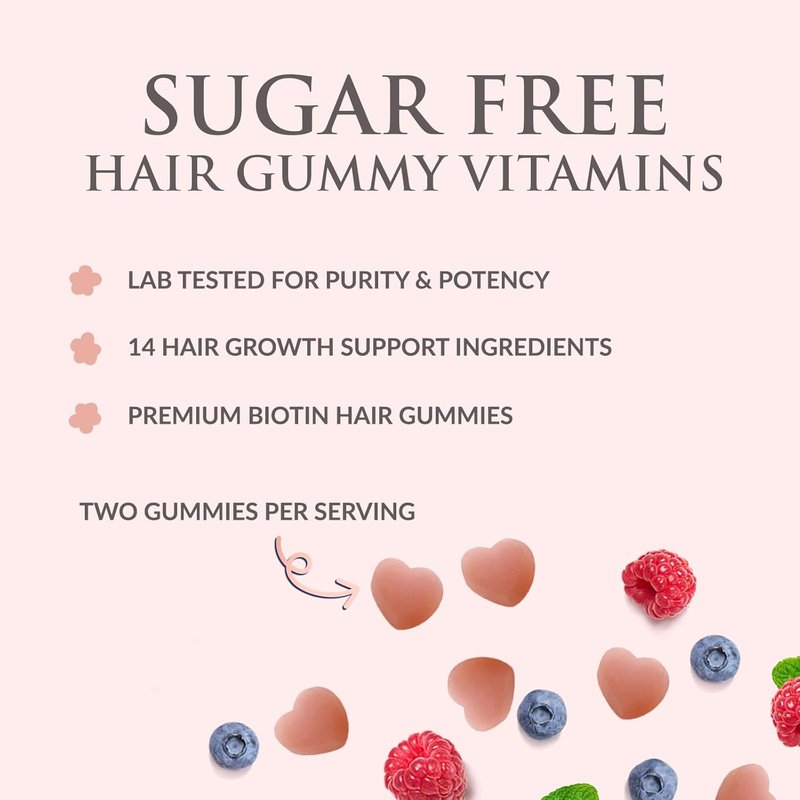 Hair Vitamins Gummies - Sugar Free Biotin 5000 mcg for Hair Growth | Supports Strong Hair & Nails - 60 Vegetarian Gummies