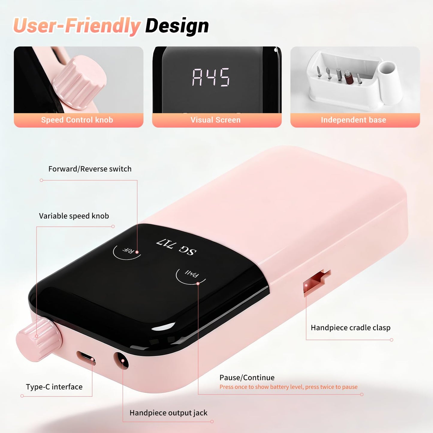 JEWHITENY Rechargeable Cordless Nail Drill for Beginners,Professional Nail Drill 45000RPM,SG717 Electric Nail File for Acrylic Gel Nails,Remove Nail Gel Polish(Pink)