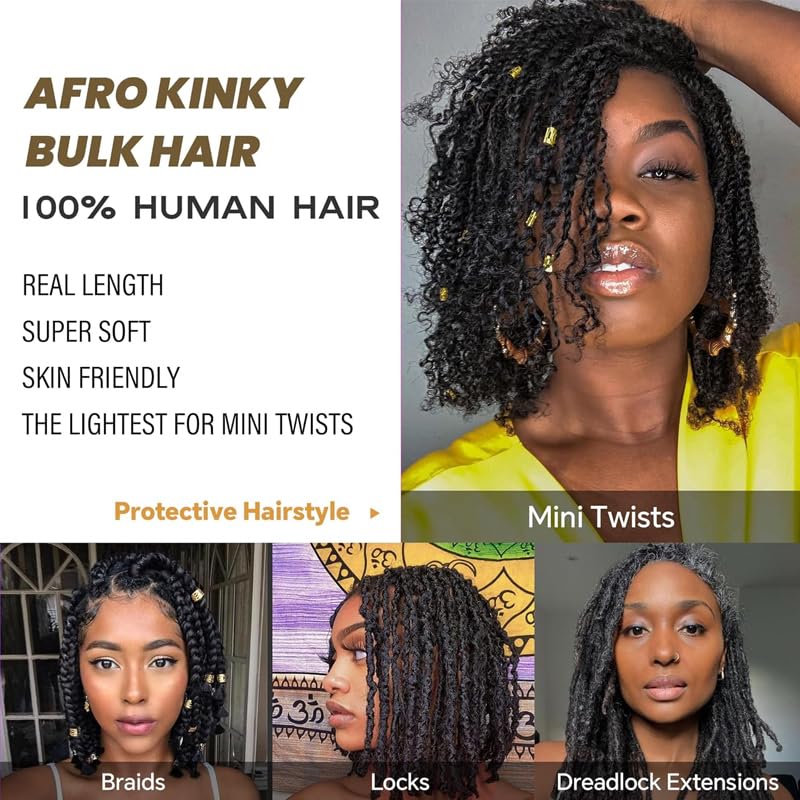 Kinky Curly Human Hair - 12 Inch Afro Kinky Bulk for Twist & Loc Extensions | Black, 50g