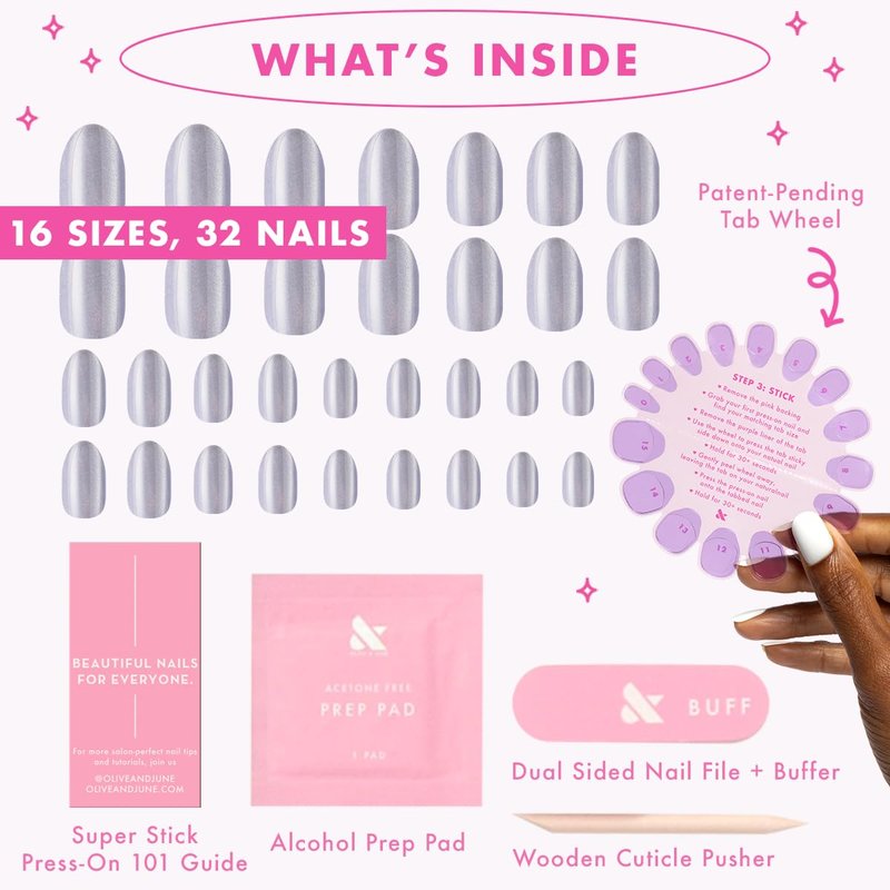 Press-On Nails - Olive & June Effects Super Stick | Oval Medium | 32 Tabs in 16 Sizes | Non-Toxic & Easy On-Off