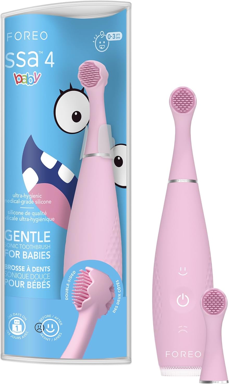 FOREO ISSA 4 Baby - Silicone Sonic Electric Toothbrush for Babies | 2-Sided Bristles, Gum Massage, Travel-Friendly - Pearl Pink