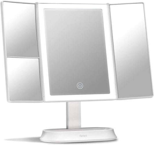 Fancii Makeup Mirror - Lighted Trifold Vanity Mirror with 5X & 7X Magnification | 40 Dimmable LED Lights, Touch Screen, White