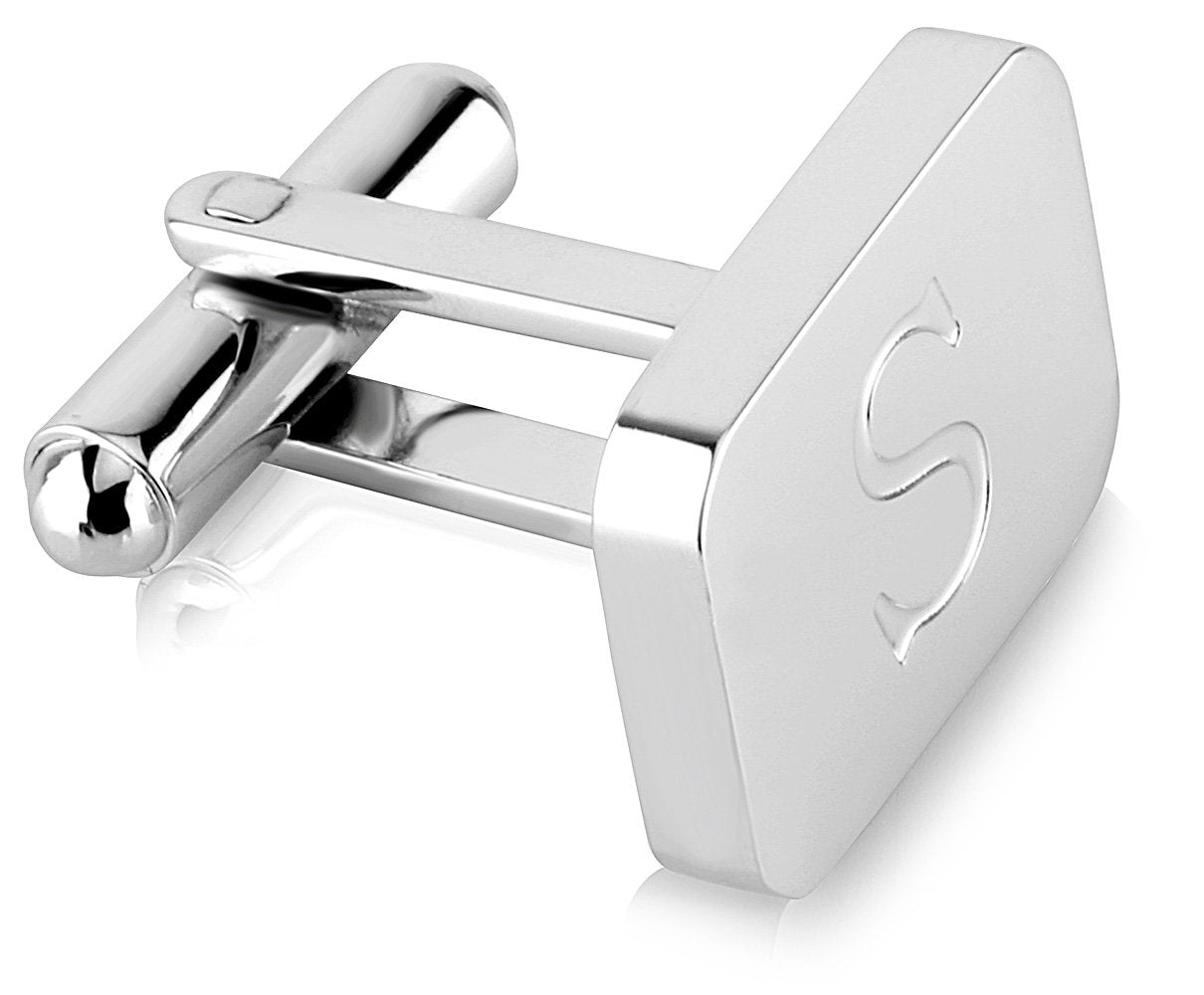 18K White-Gold Plated Initial Engraved Stainless Steel Men’s Cufflinks With Gift Box -Personalized Alphabet Letter’s A-Z By Lux & Pair