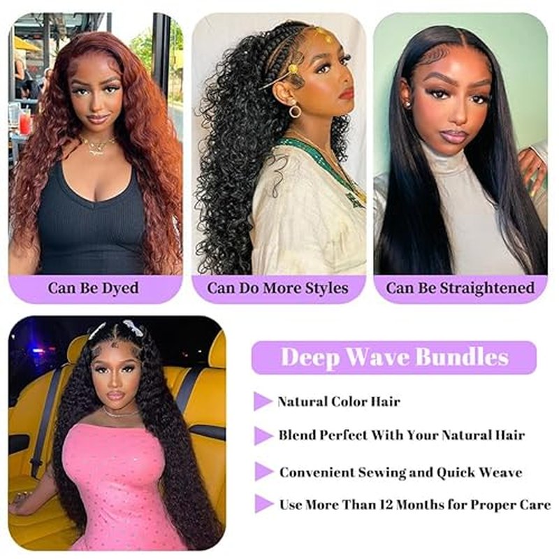 Deep Wave Human Hair Bundles 18 20 22 Inch Deep Wave Bundles 100% Unprocessed Brazilian Virgin Hair 3 Bundles Curly Bundles Hair Extensions Real Human Hair Wavy Quick Weave Bundles Natural Black
