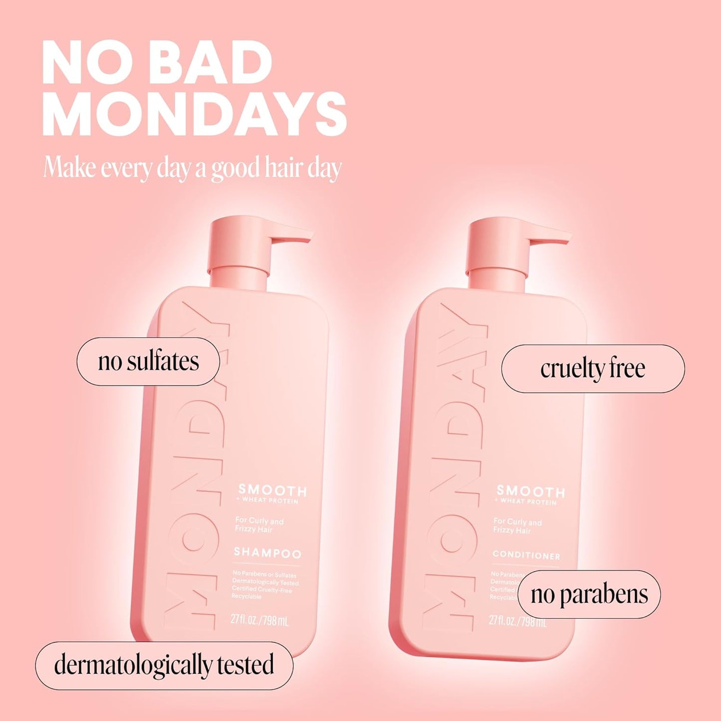 Smooth Shampoo & Conditioner Set for Frizzy, Curly Hair - 27 oz Each | Coconut Oil & Shea Butter, Pink