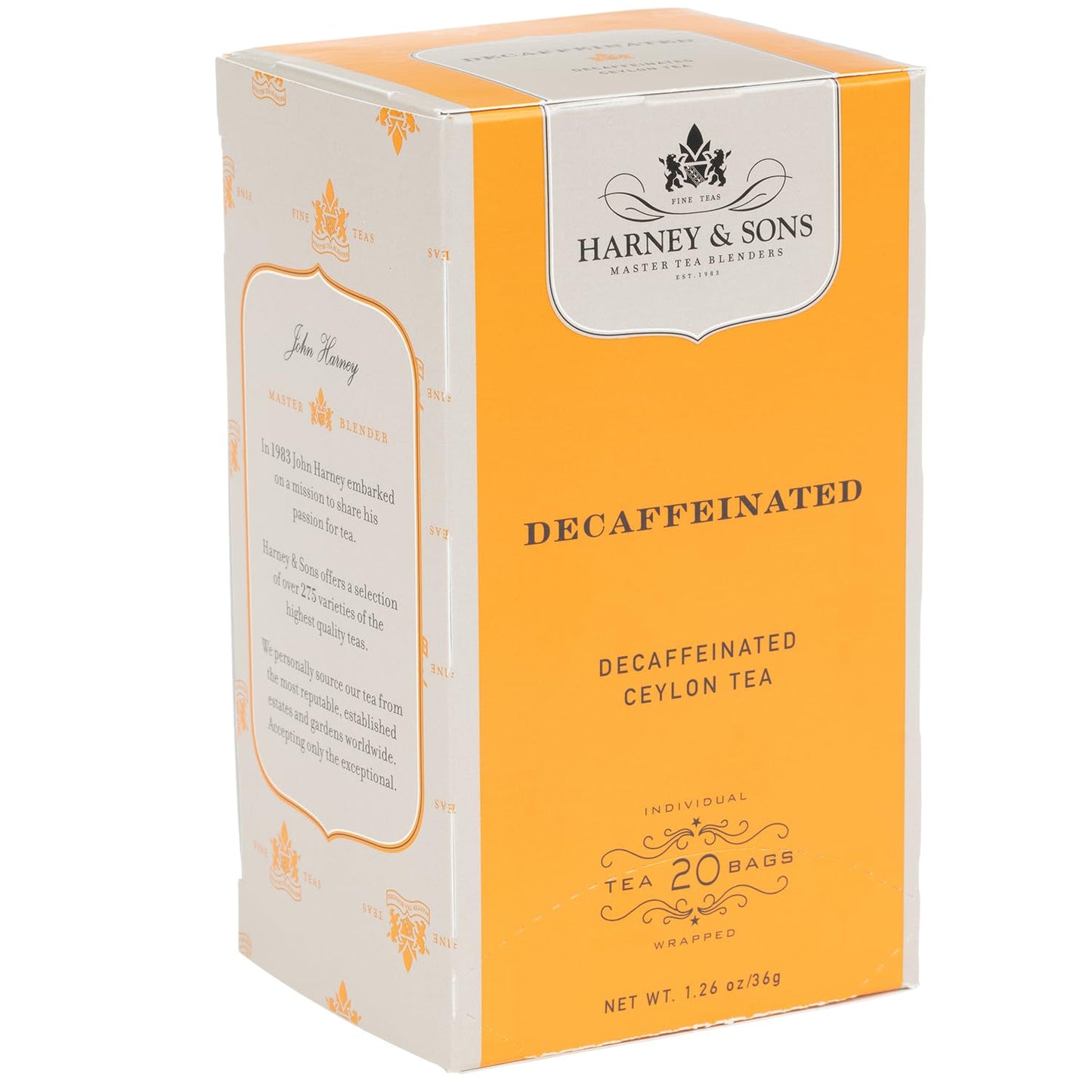 Harney & Sons Black Tea, Decaffeinated Ceylon, 20 Tea Bags, 1.26 oz./36 grams