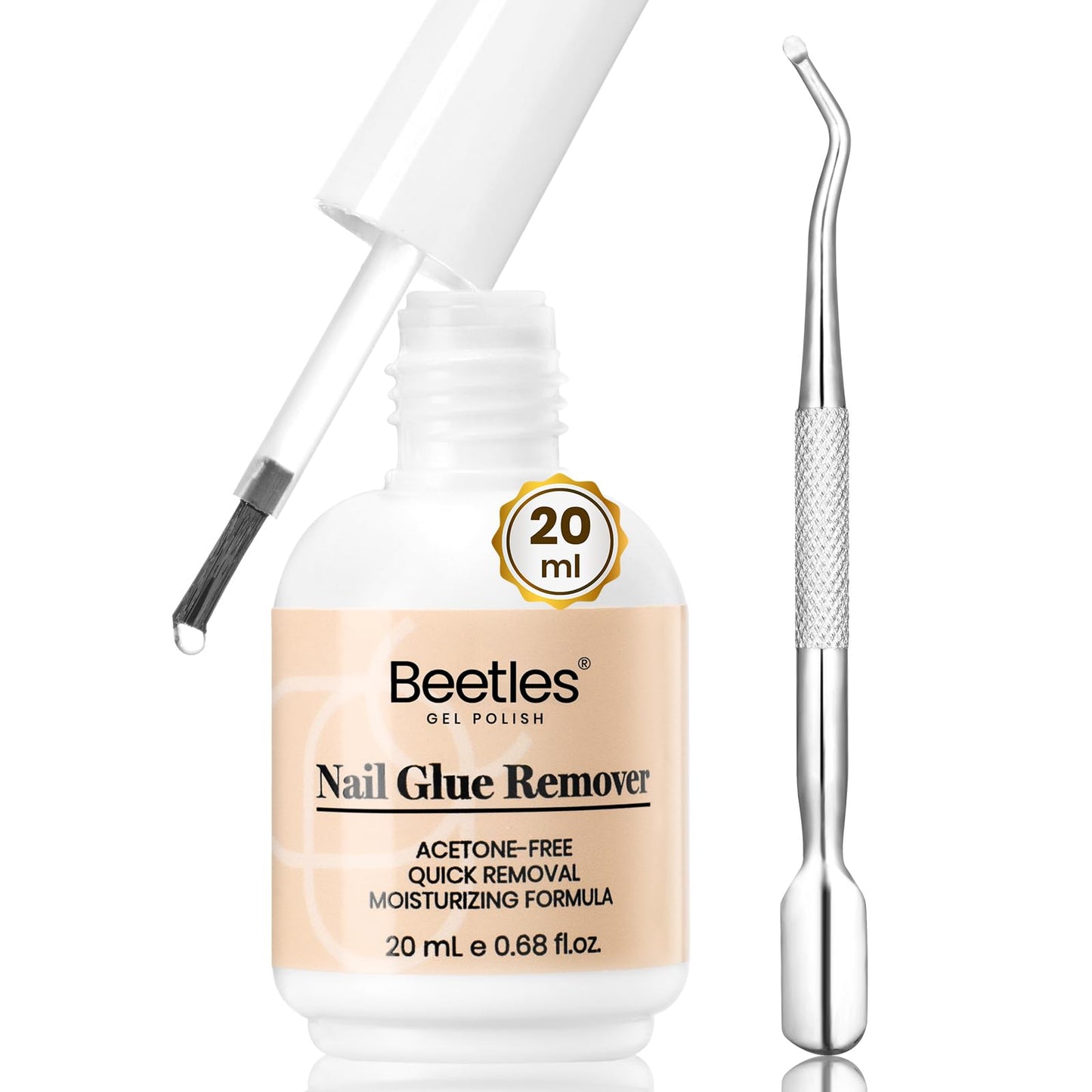 Beetles Nail Glue Remover with Cuticle Tool, 1 Pcs 20ml Press on Nail Remover Non-Acetone Adhesive for False Nail Tips Gentle Formula Not for UV Nail Glue Gel