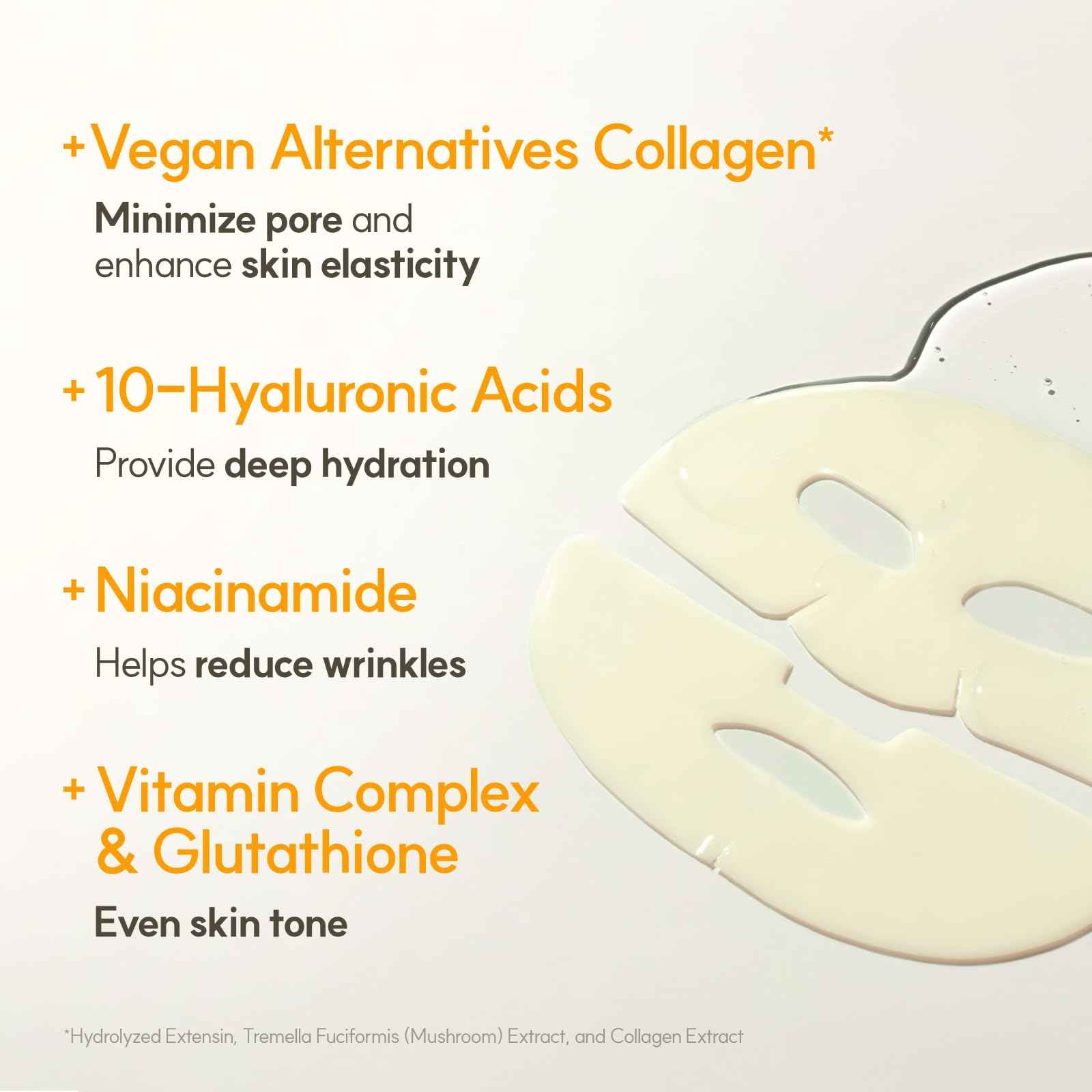 THE FACE SHOP Vita-Toning Vegan Collagen Face Mask, Korean Glass Skin Essential, Hydrogel Mask for Moisturizing & Skin Elasticity, Improves Uneven Tone, 4EA