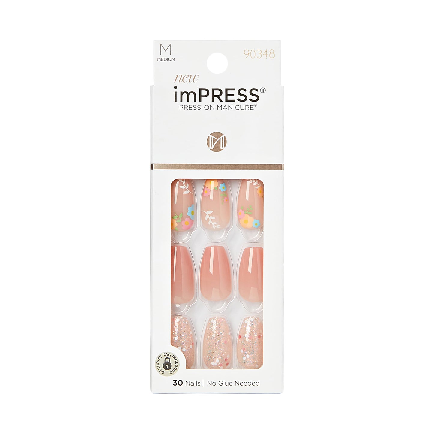 KISS Impress Press-On Manicure Fake Nails, Hokey Pokey - Medium Length, Coffin Shape, Polish-Free Nude Pink with Flower Design Mani, Includes Prep Pad, Mini File, Manicure Stick, and 30 Fake Nails