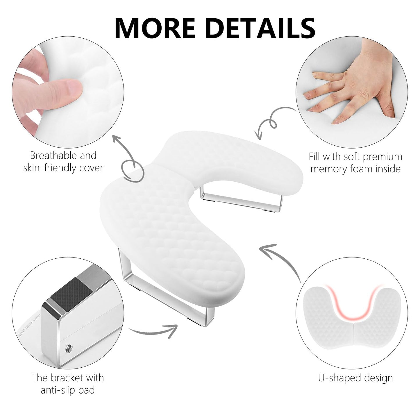 Arm Rest for Nails Tech,U Shape Comfortable Nail Arm Rest Pillow Cushion,Detachable Manicure Hand Rest Holder with Anti-slip Legs,Memory Foam(White)