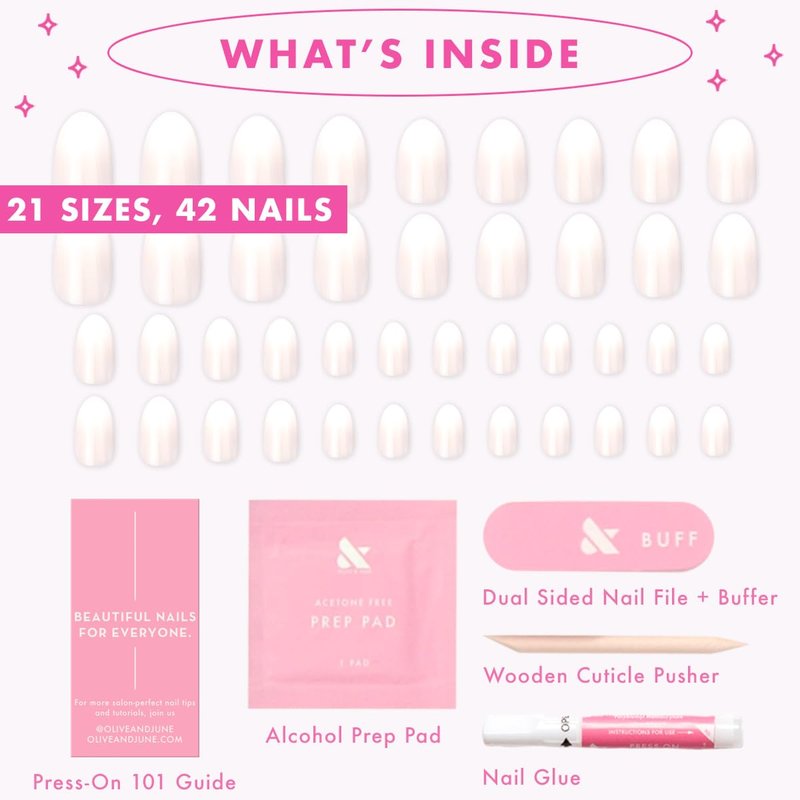Olive & June Minimalist Instant Mani Press On Nails (Glue) | 42 Fake Nails, 21 Sizes | Non-Toxic, Long-Lasting Barely-There Look | Salon-Quality at Home | Medium, Oval | Pure White Syrup Gradient