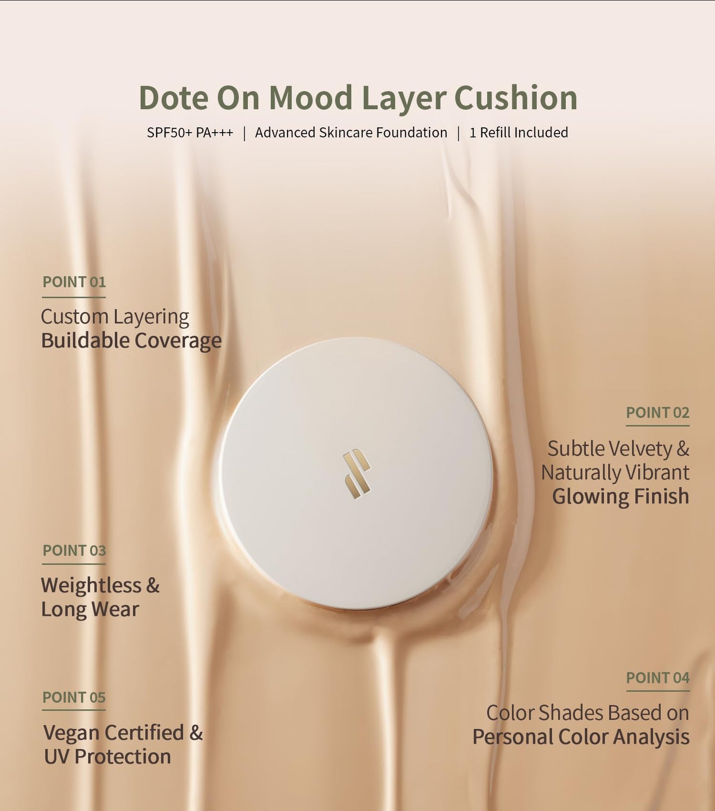 Heart Percent Dote on Mood Layer Cushion SPF 50+/PA+++ with Refill, Satin Glow Silky Flawless Finish Full Coverage Advanced Skincare Foundation (#23N)