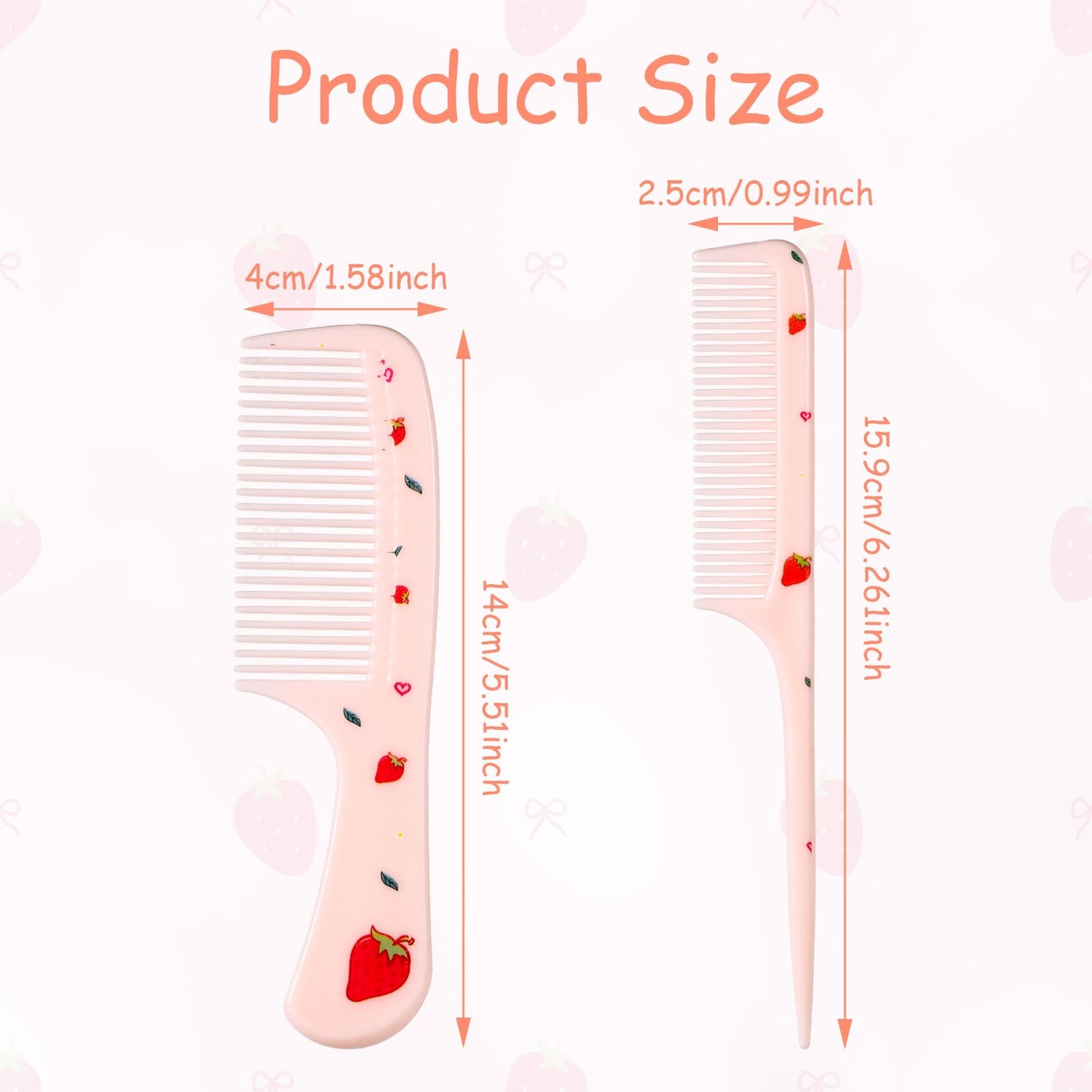 2pcs Cute Hair Comb Set, Pink Strawberry Baby Comb Fine Tooth Comb & Rat Tail Comb Toddler Tiny Hair Comb Small Girls Comb Plastic Mini Kids Comb Hair Parting Comb for Women Girls Kids All Hair Types