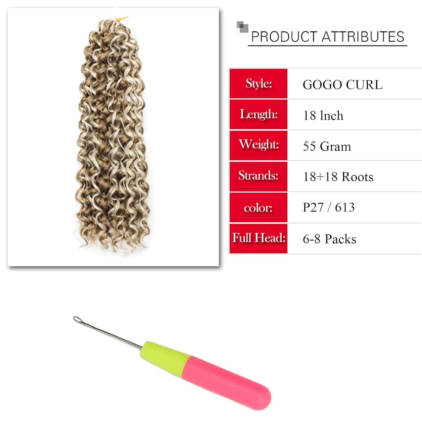 GoGo Curl Crochet Hair - Blonde Water Wave Synthetic Braiding Extensions | 18 Inch, 7 Packs, P27/613