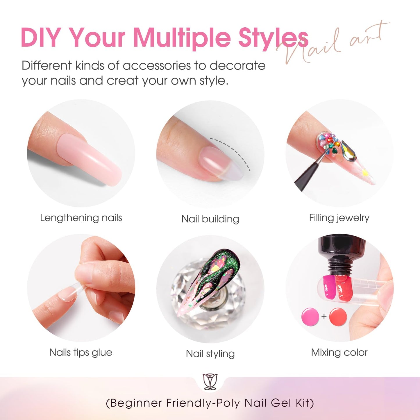 ROSALIND Coloful Poly Nail Gel Kit -34 Colors + Neon Accessories Clear Nude Poly Nails Gel Starter Kit with Mini UV Lamp Slip Solution Fall Colors Halloween Poly Extensions Kit