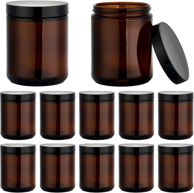 Amber Glass Jars - 8oz Airtight Storage Containers for Candle Making, Cosmetics, Spices | 12-Pack with Black Lids