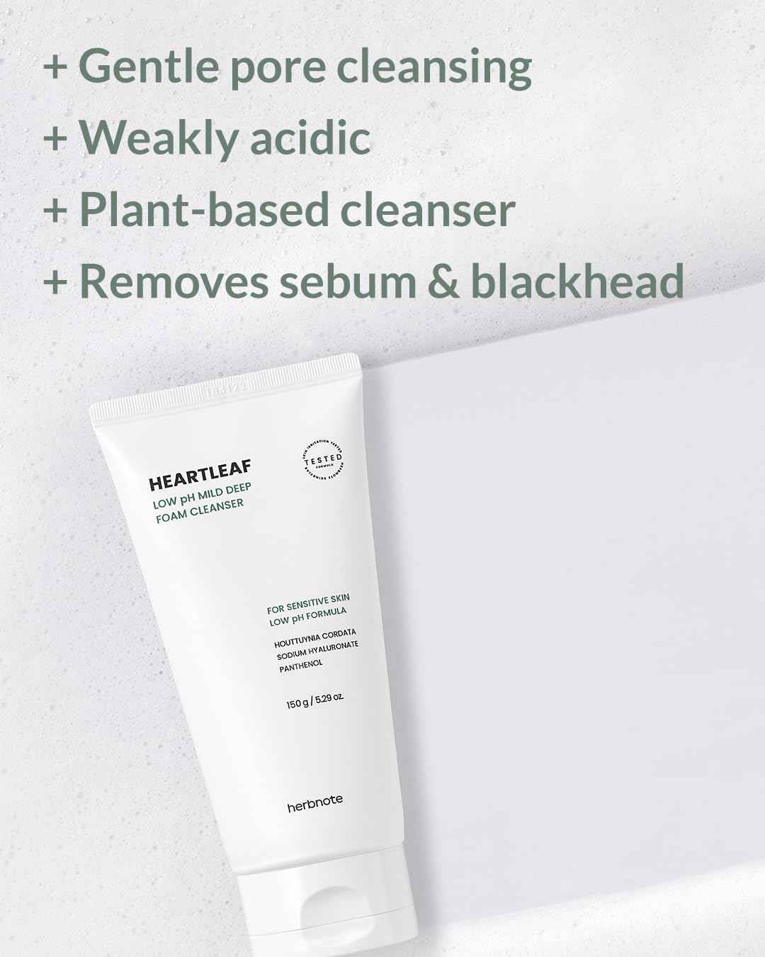 herbnote Heartleaf Low pH Deep Foam Cleanser - Gently Removes Sebum, Deep Cleans Pores - Contains 80% Houttuynia Cordata, Hyaluronic Acid, Soothes and Enhances Sensitive Skin, 5.29oz.
