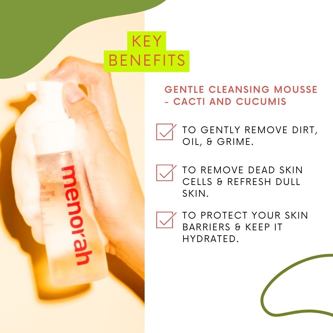 menorah Gentle Cleansing Mousse – Hydrating pH-Balanced Face Wash with Cactus & Cucumber Extracts, Soothing Daily Cleanser for Sensitive & Dry Skin