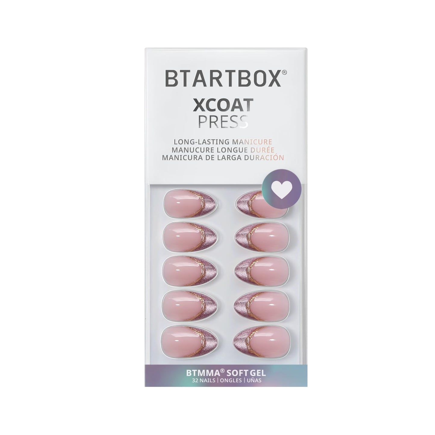 BTArtbox Press On Nails, Pink Aurora, Short Almond, Purple French Tip, 32Ct