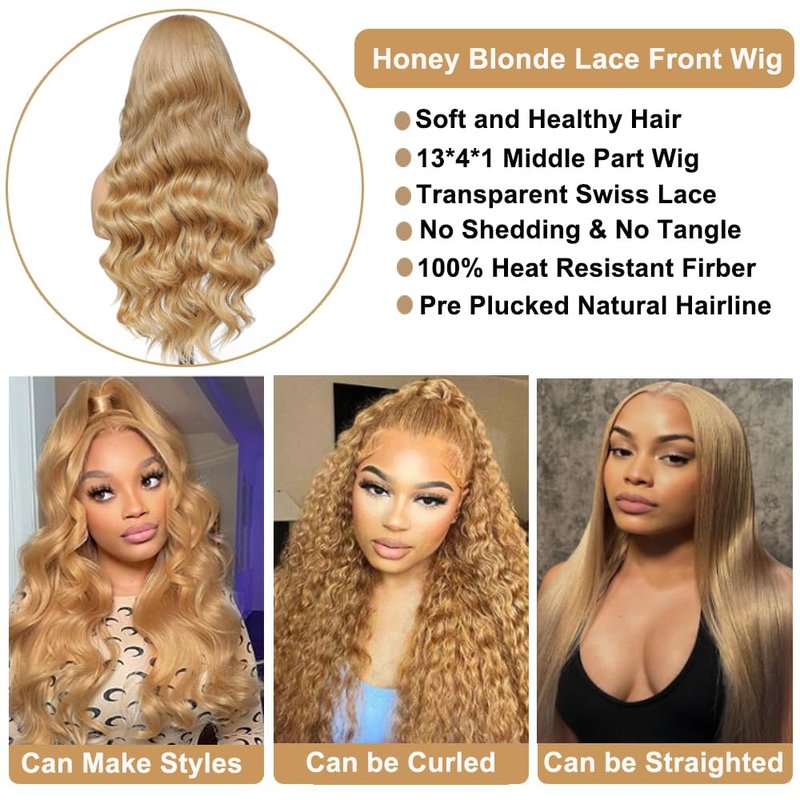 Soyeon 30 Inch Synthetic Lace Front Wig for Women Honey Blonde Wig Glueless Pre Plucked Bleached Knots Body Wave Wig Heat Resistant Fibre 180% Density