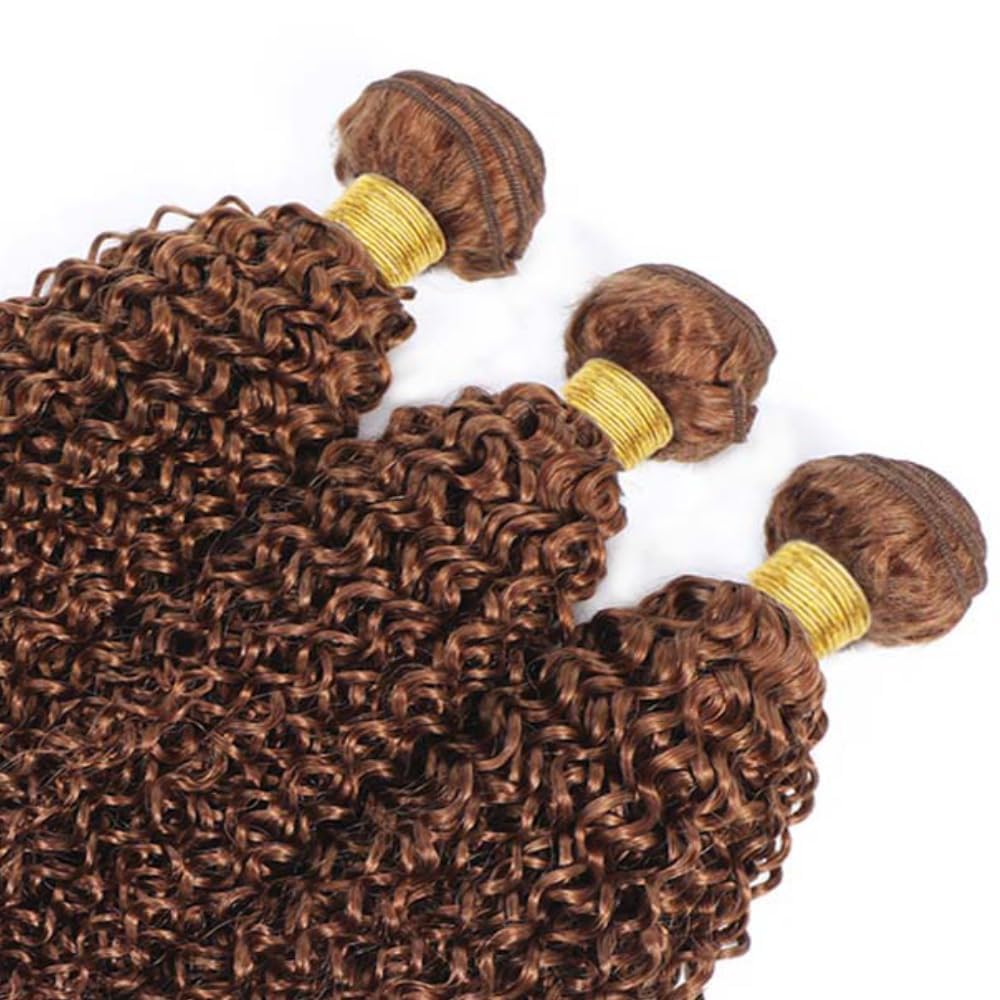 GLSMOSNW Light Brown Bundles Human Hair Color 30 Kinky Curly Bundles 10 12 14 Inch Unprocessed Brazilian Virgin Human Hair Extensions Brown Curly Bundle