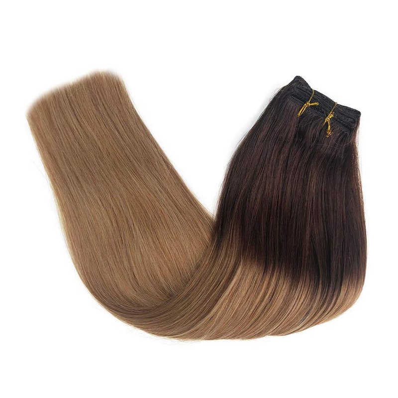 Blonde Clip in Hair Extensions Skin Weft Remy Brazilian Hair Extension 18" 7Pcs 120g Ombre Medium Brown to Strawberry Blonde Highlighted Full Head Straight Soft Thick for Women(#4T27)