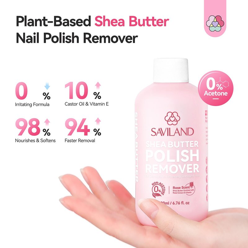 SAVILAND Nail Polish Remover: 200 ML Non-Acetone Non Drying Fingernail Polish Remover Shea Butter Nails Removal Rich in Castor Oil VE for Cateye Glitter Regular Nail Polish Home Salon Use