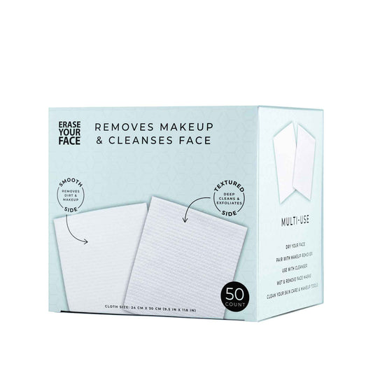 ERASE YOUR FACE Disposable Face Towels - Alternative for Makeup Remover Wipes - Dual-Sided, Fragrance-Free & Safe for Sensitive Skin - Stocking Stuffers for Women, Blue (50 Count)