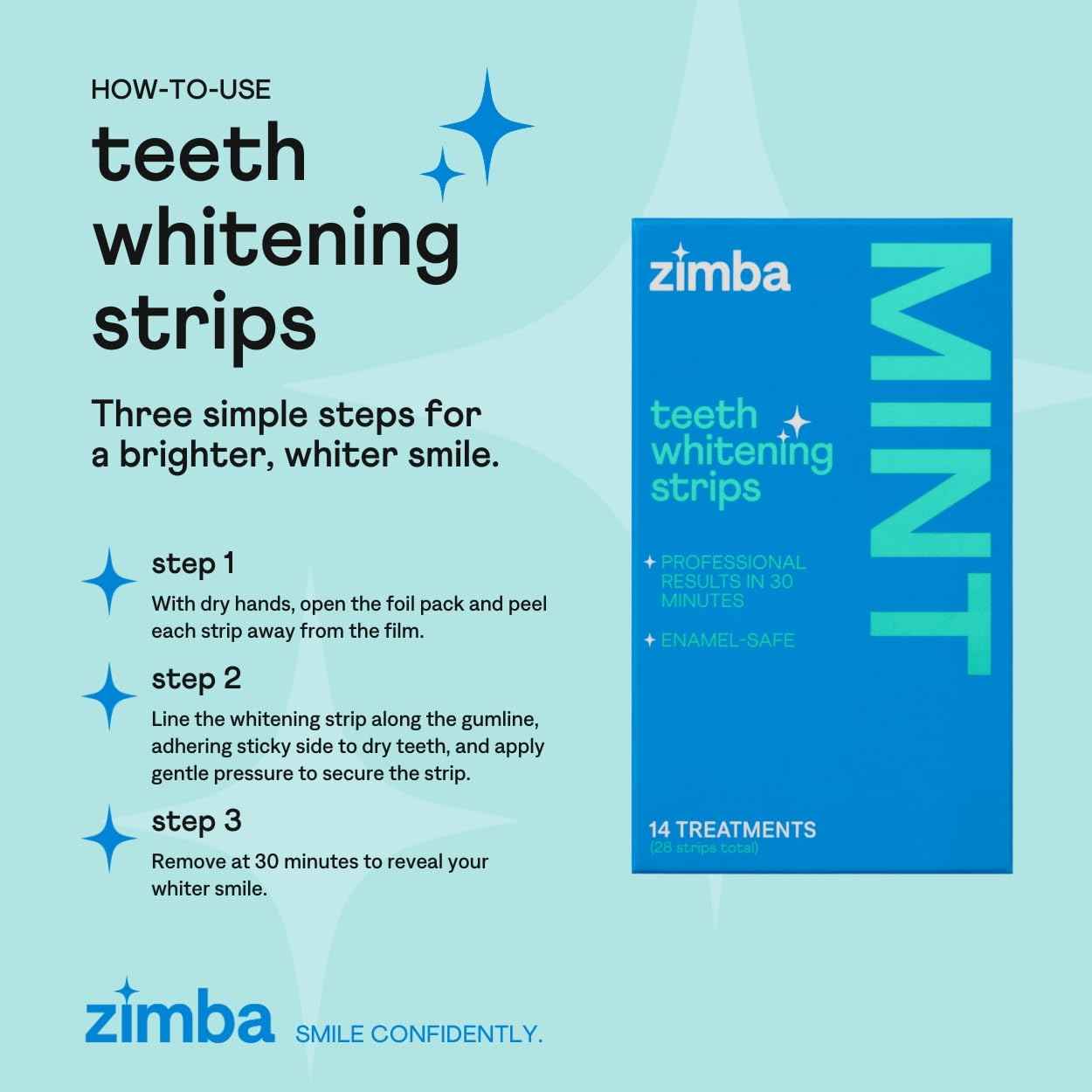 Zimba Teeth Whitening Strips Vegan Whitening Strip Enamel Safe Teeth Whitening Hydrogen Peroxide Teeth Whitener for Coffee, Wine, Tobacco, and Other Stains, 28 Strips (14 Day Treatment), Mint