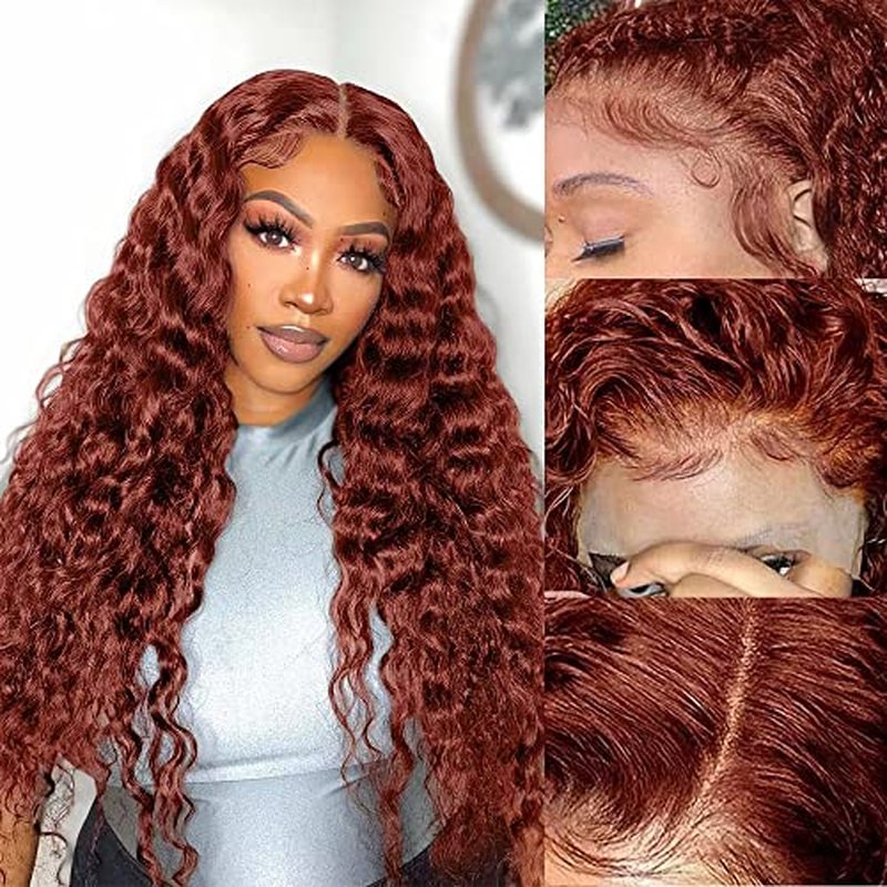 Siyun Show 13x4 Reddish Brown Deep Wave Lace Front Wigs Human Hair Wigs for Black Women Pre Plucked 180% Density Auburn Wig 28 Inch