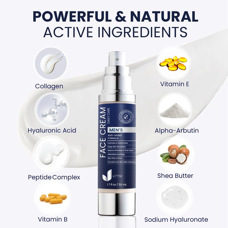 Uttse 6-in-1 Mens Face Moisturizer: Face Cream for Men - Reduce the Look of Eye Bags, Dark Circles, and Puffiness - Skin Care for Men - 1.7 fl oz - Made in Korea