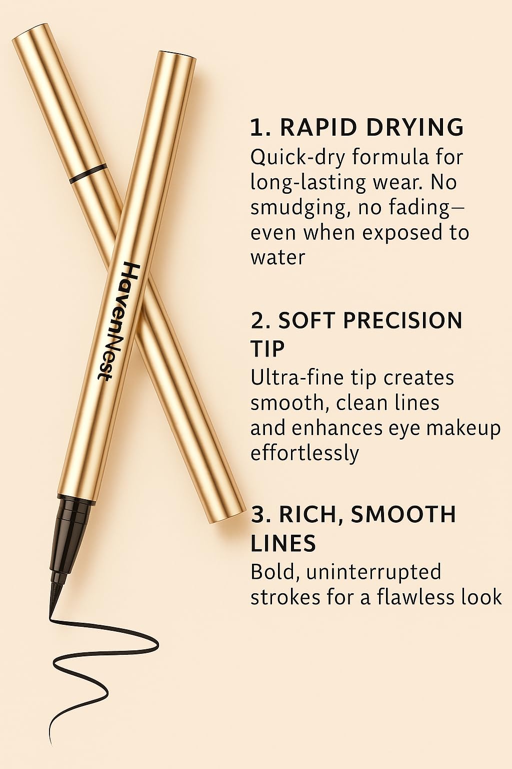 Haven Nest Vegan Liquid Eyeliner Pen – Black, Waterproof, Smudge-Proof, Long-Lasting, Ultra-Precise Brush Tip, Cruelty-Free, Hypoallergenic, All-Day Wear