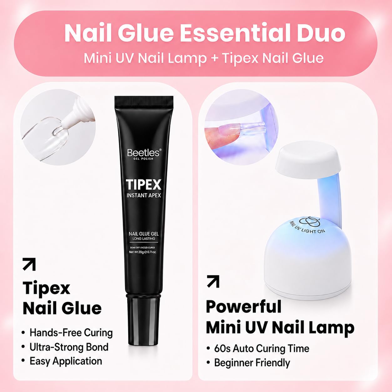 Beetles Tipex Lite Apex Nail Tips Kit, Short Square, 192pcs 16 Sizes,with Solid Nail Glue, Base & Top Coat, Mini UV Lamp, Nail Clipper & Cuticle Nipper, for DIY Salon-look Extensions Kit