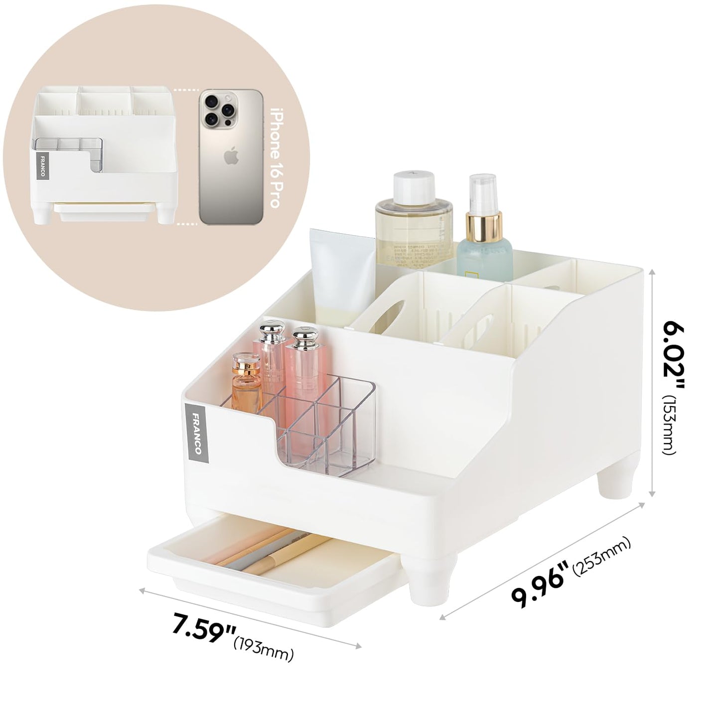 carrotez Make up Vanity Organizer Countertop Skincare Cosmetic, Accessories Organizers, Customizable Compartments - White, 7.6 inches