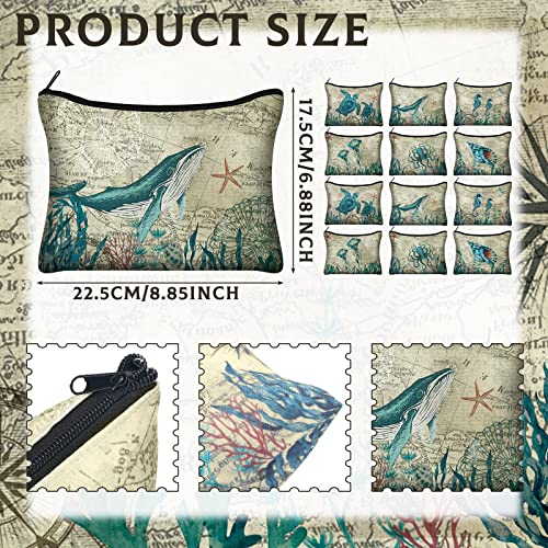 Sanwuta 12 Pcs Sea Tropical Cosmetic Bags Retro Animal Seahorse Travel Bags Beach Makeup Bags Zipper Small Pouch Vintage Turtle Whale Seashell Bag Under The Sea Purse Toiletry for Women Party Gift