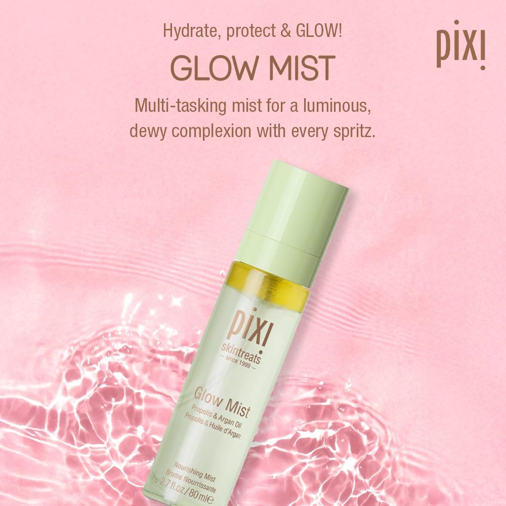 Pixi Beauty Glow Face Mist with Natural Oils | Glow Mist Illuminating Spray Revives Dull Dry Skin | Instant Radiance & Dewy Finish, Sets Makeup | Propolis & Argan Oil, Non-Greasy | 2.7 fl oz