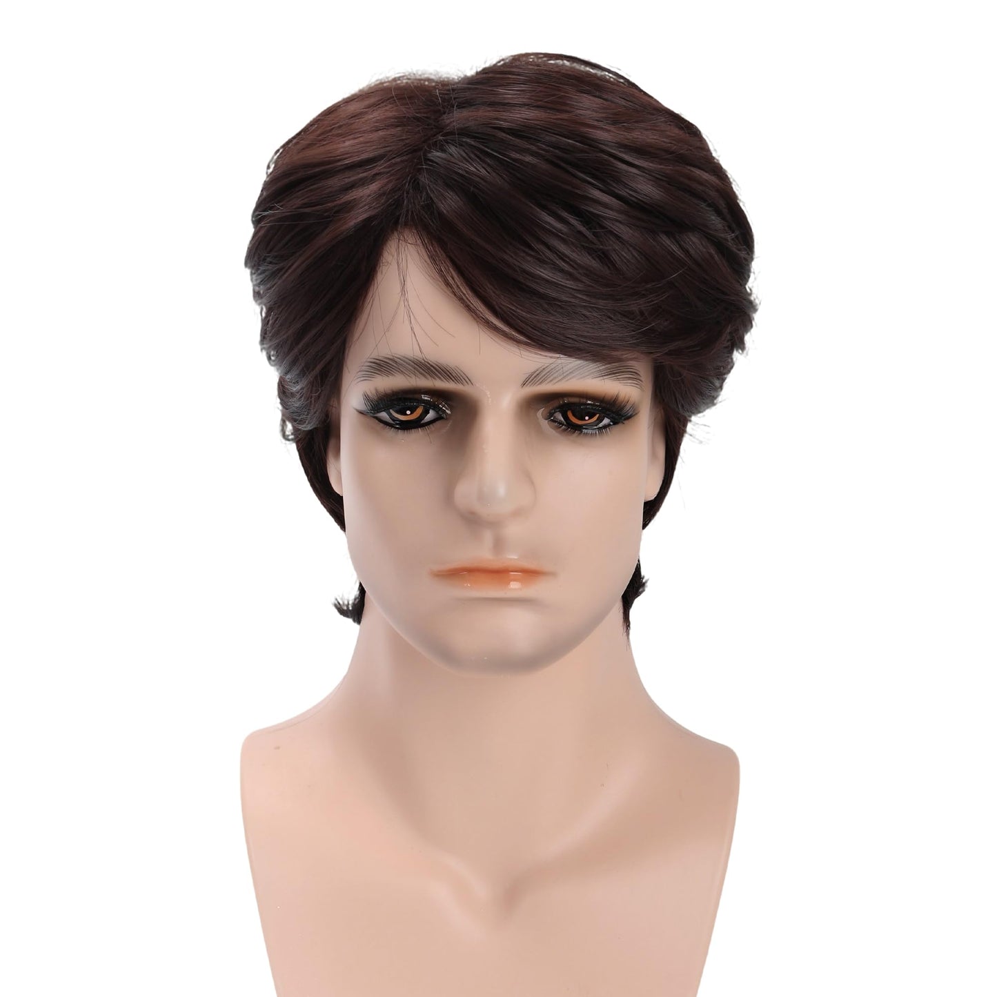 VRbeatter Short Brown Wig for Men Layered Cut Wavy Fluffy Hair Wig with Bangs for Men Highlight Short Wig Natural Looking Synthetic Wigs for Daily Use Brown Mix Gold (M610)