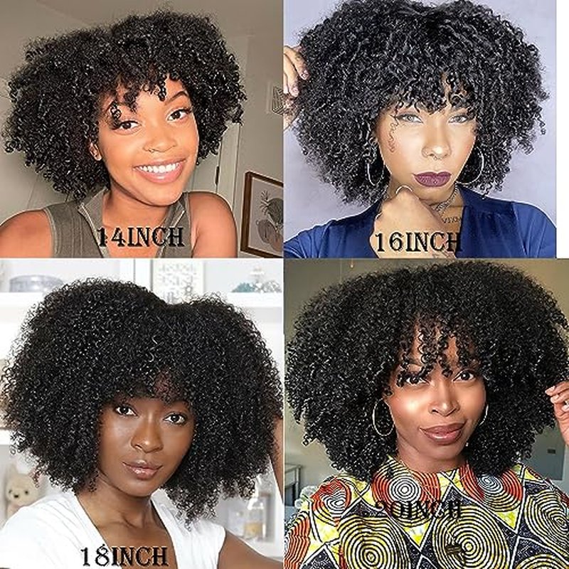 Afro Kinky Curly Wig with bangs Glueless Scalp Top Full Machine Made Human Hair Wigs for Black Women 200Density Kinky Curly Brazilian Human Hair Wig 14inch Natural Color