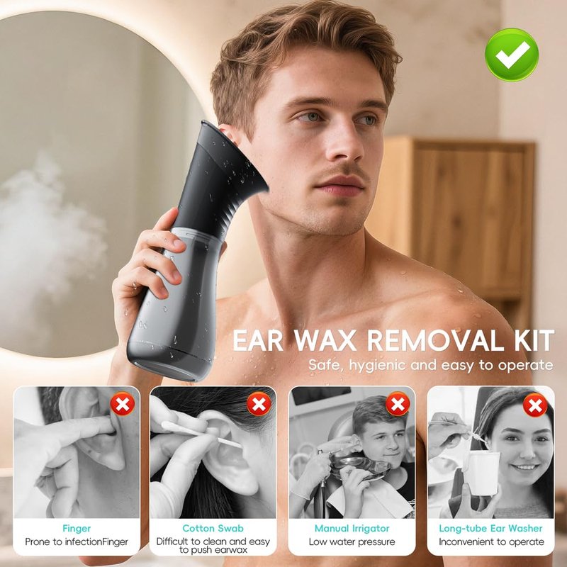 Ear Wax Removal with LED Display, Temodu Electric Ear Cleaner, Rechargeable Earwax Remove Removal Ear Irrigation System, 3 Pressure Modes Ear Cleaning Earwax Removal (12 Disposable Tips)-Black