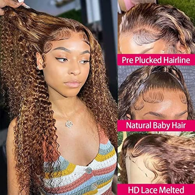 Highlight Ombre 13x4 Deep Wave Lace Front Wig Human Hair for Women 180% density HD Transparent Honey Blonde P4/27 Glueless 13x4 Curly Frontal Wig Pre Plucked with Baby Hair Super Soft 20inch