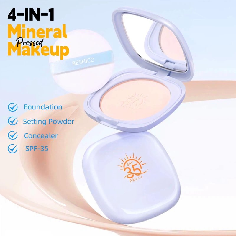 Sunscreen Setting Powder & Powder Foundation | SPF 35 PA+++ 4-in-1 Mineral Pressed Powder with Concealer | Oil Control, Matte Finish, Long-Lasting, Buildable Coverage, Weightless & Anti-Dullness