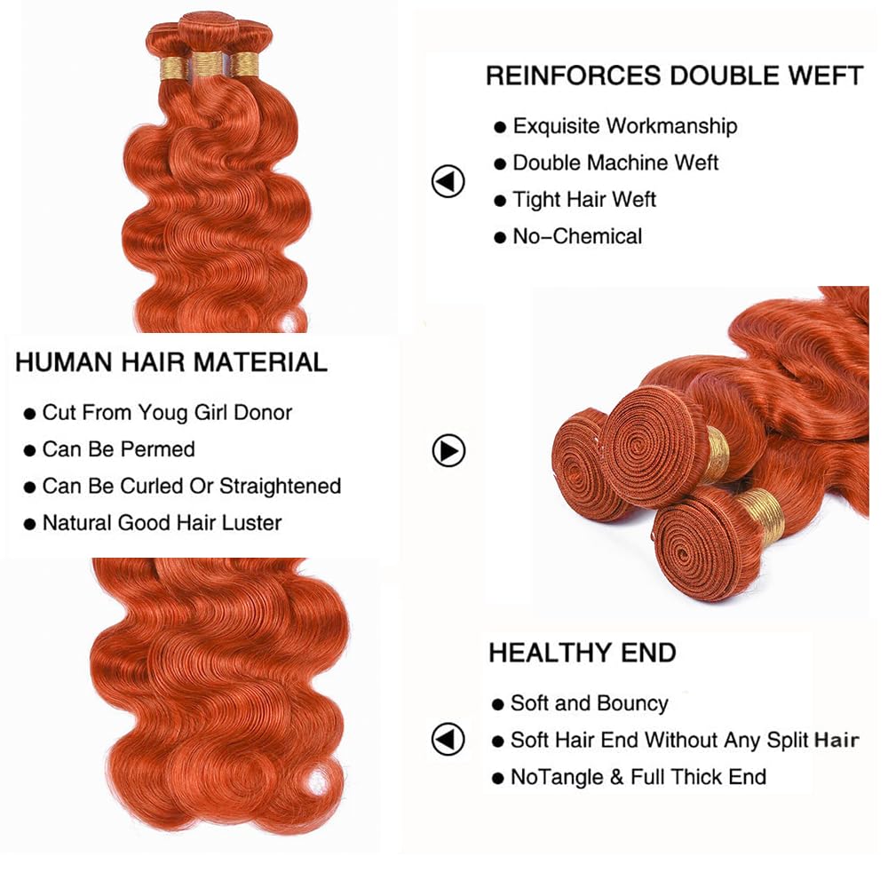 Ginger Body Wave Human Hair Bundles - 8A Brazilian Unprocessed Virgin Hair | 12 Inch, Color 350