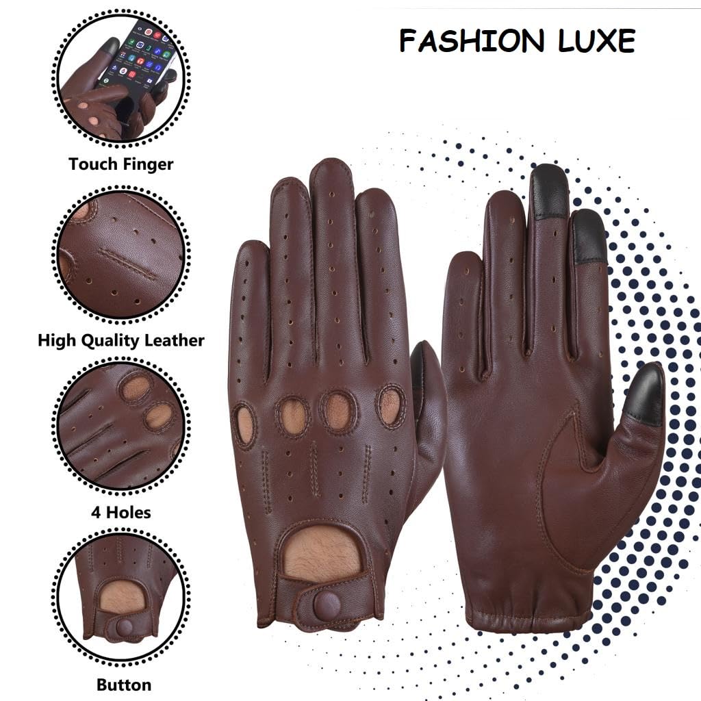 FASHIONLUXE Men's & Women’s Touchscreen Genuine Leather Driving Gloves,Classic Knuckle Cut Design,Breathable Fit Gloves(Brown, Extra Large)
