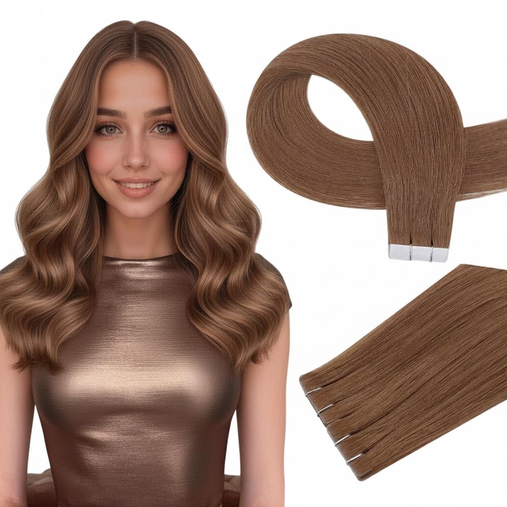 Full Shine Invisible Tape in Hair Extensions Human Hair, Color 330 Copper Rose, Injected Tape in Extensions, 10Grams, 5Pcs, 16 Inch, Virgin Hair, Natural Soft, Bridal Waves