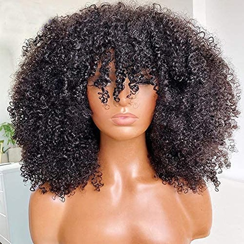 Afro Kinky Curly Wig With Bangs Full Machine Made Scalp Top Wig 200 Density Brazilian Short Curly Human Hair Wigs Natural Color 14 Inch