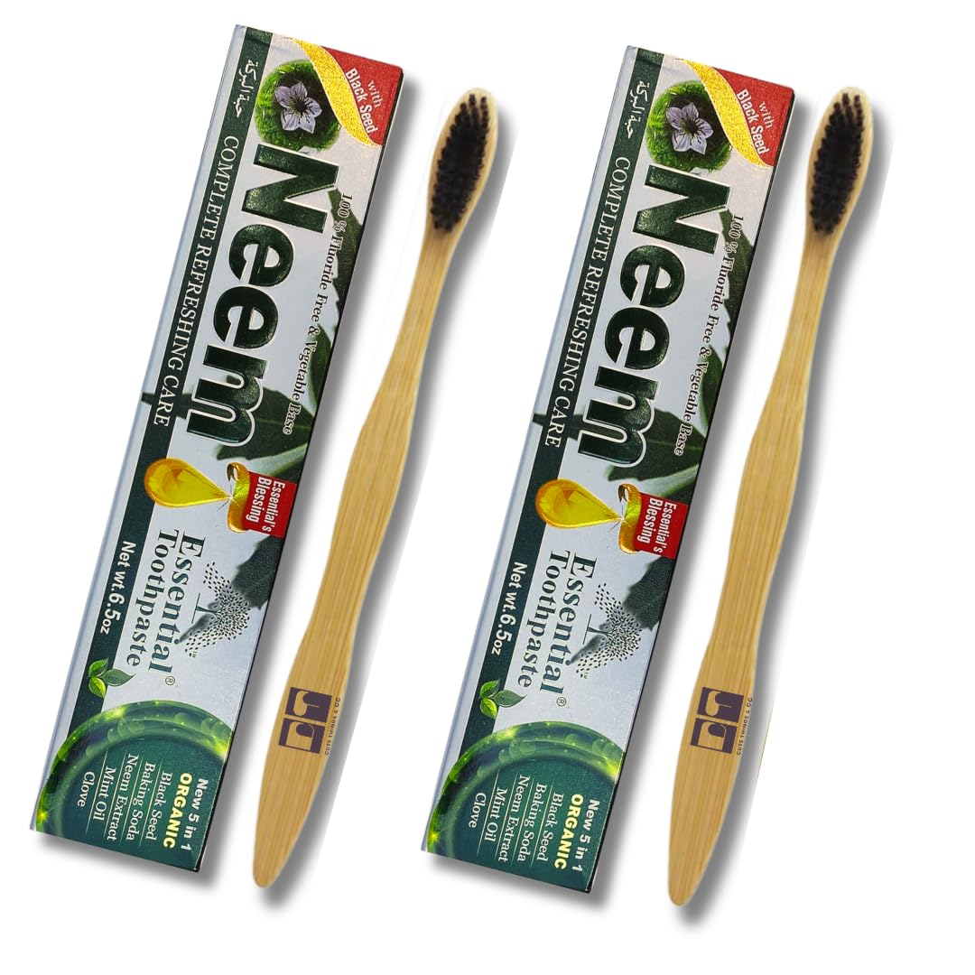 CUTE THINGS & CC Eco-Friendly Mouthcare Bundle: 2pk Essential Palace Neem Toothpaste Makes 13 OZ, Combo & 2pk Bamboo Brushes