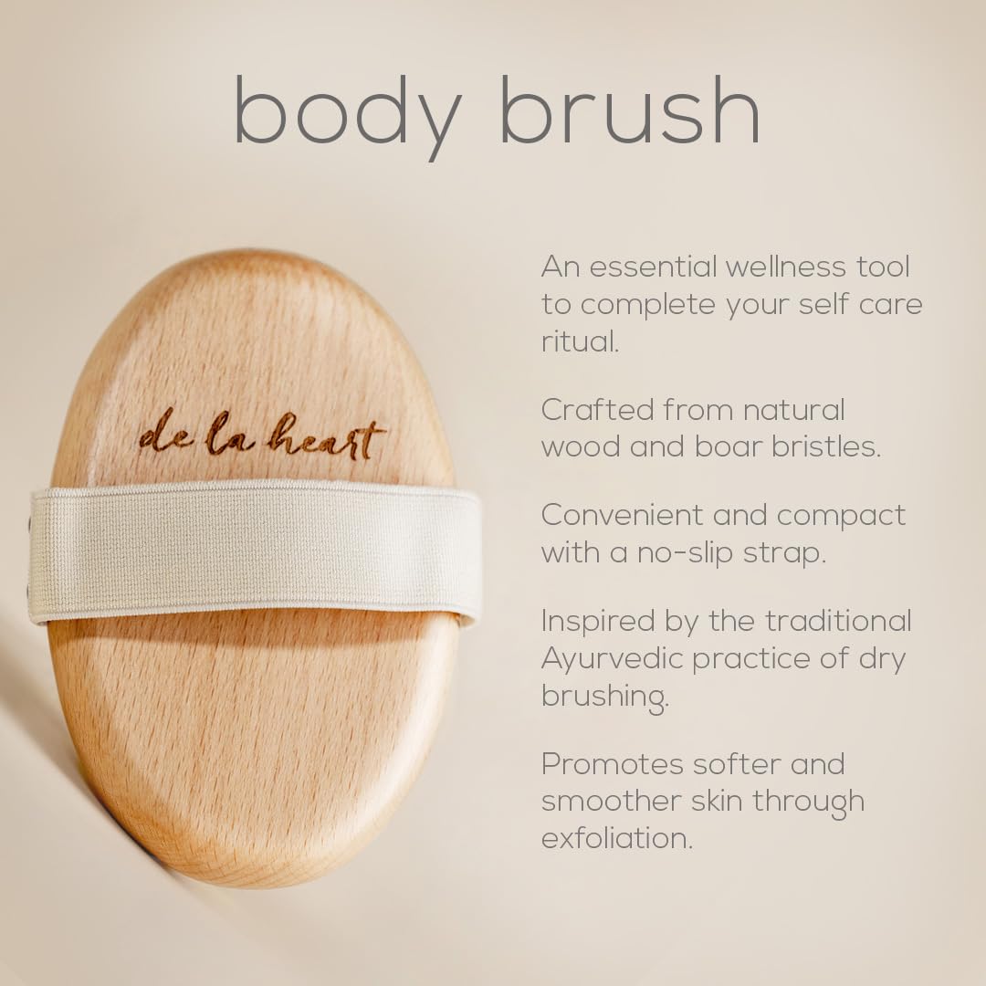 de La Heart Body Brush with No-Slip Strap | Dry Brushing Tool for Skin Exfoliation & Radiance | Natural Bristles for Smooth, Glowing Skin | Lymphatic Drainage & Circulation Massage Brush