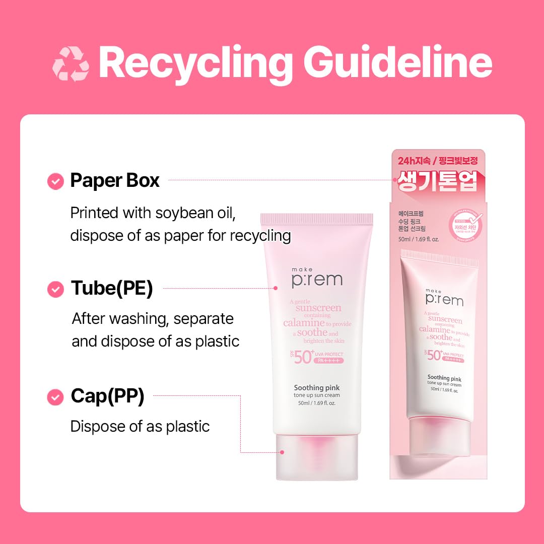 MAKE P:REM Soothing Pink Tone Up Sunscreen, Mineral Sun Care for Dehydrated Skin, Lightweight, Non-Greasy Formula, Skin Tone Correction, Korean Sunscreen, SPF 50, 1.69 fl.oz. (50ml)